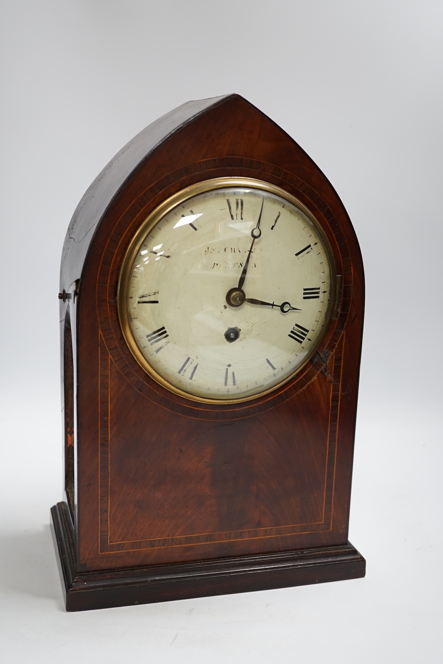 An early 19th century mahogany cased lancet bracket timepiece, single fusee movement, 37.5cm (a.f.)